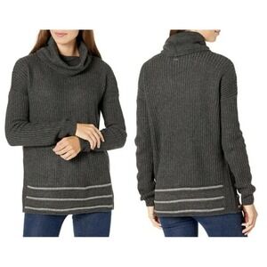 PrAna Charcoal Grey Wool Blnd Ribbed Knit Cowl Turtleneck Sweater Tunic Size L